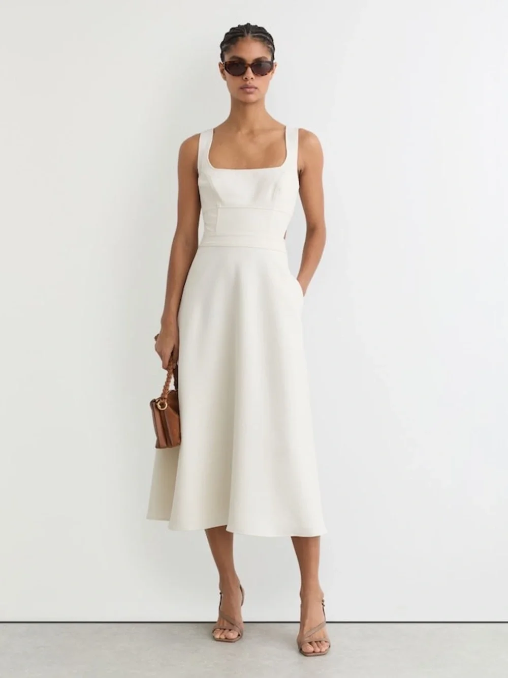 Reiss Ivory Dina Waisted Cut-Out Twill Midi Dress